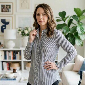 GAP Women 100% Cotton Navy & White Stripes Button Up Blouse, Size XXL